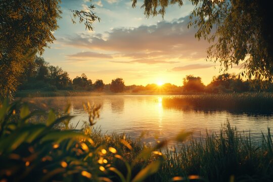 Tranquil sunset over serene lake surrounded by lush trees and gentle reeds
