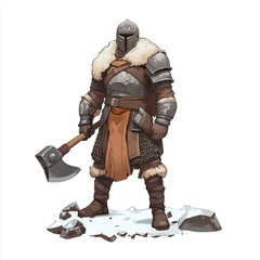 Obraz premium flat style space-viking, combat stance with axe, white background,