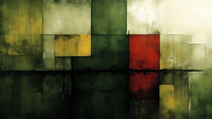 Abstract Green Red Yellow Gridded Canvas Painting