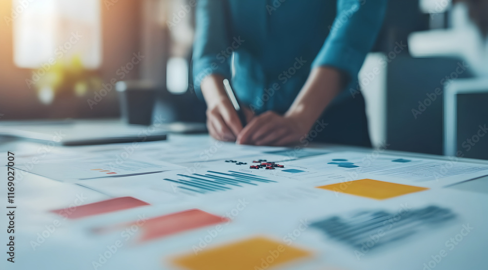 Aufkleber a person is writing on documents with colorful charts and graphs spread on a table, indicating a wor