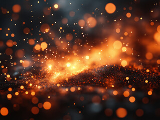 Abstract orange and yellow particles on dark background with light streaks