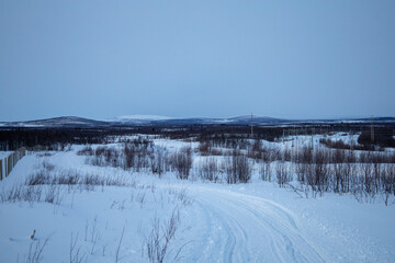 Winter wonderland in Swedish Lapland. Winter landscape from Kiruna, Luossuvaara area.