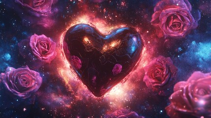 A dreamy depiction of a chocolate heart surrounded by glowing rose holograms, set against a cosmic-themed background, [futuristic Valentine], [ethereal love]