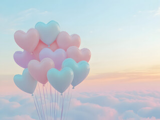 cluster of heart shaped balloons in soft pastel colors floating in sky
