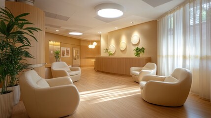 Modern, bright waiting area with beige furniture, plants, and a reception desk.