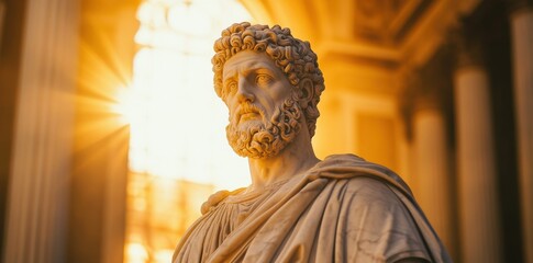 Majestic statue of a Roman emperor bathed in golden sunlight at sunrise, showcasing intricate details and historical significance