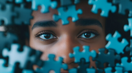 A close-up of a person's face framed by blue puzzle pieces, emphasizing introspection and the quest for understanding.