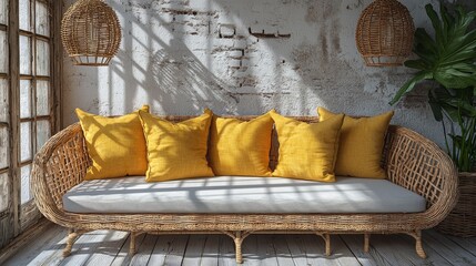 Sunlit wicker sofa with yellow cushions in a bohemian-style room.