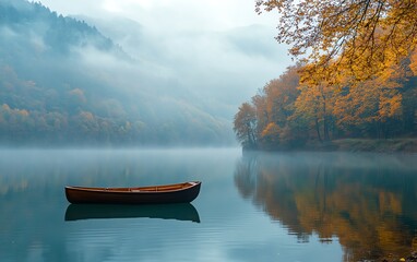 Autumn mountain lake in the morning with a boat on the water, fog lifting over the tranquil scene, showcasing travel, nature, and scenic landscape