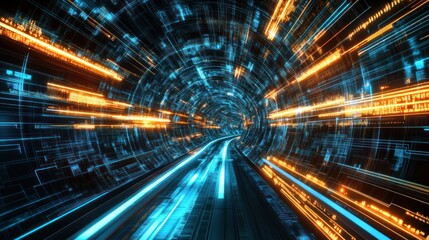 Futuristic tunnel, digital data stream, vibrant lights, glowing lines, speed, technology, motion blur, abstract, tunnel effect, cyber