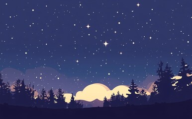 Naklejka premium A serene night sky with a crescent moon, twinkling stars, and soft clouds