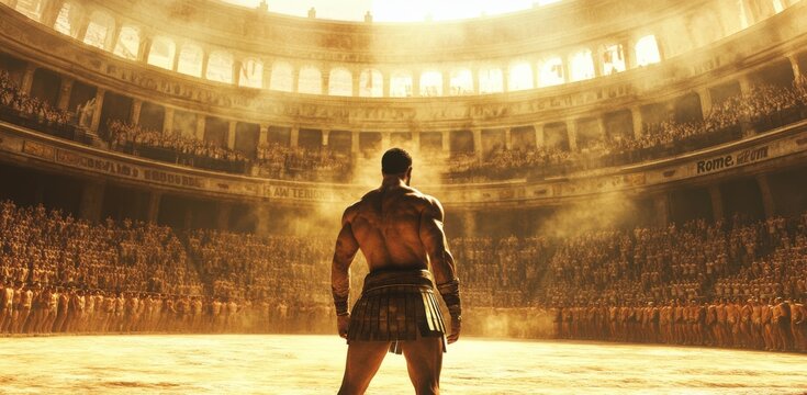 Warrior stands tall in ancient arena as sunlight pours through the coliseum highlighting the anticipation of the crowd below