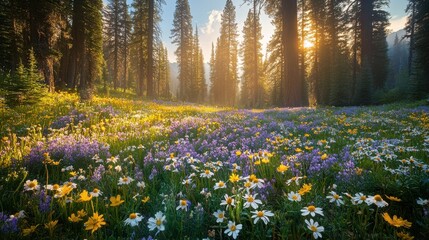 Fototapeta premium Sunlit forest meadow with blooming wildflowers and towering trees at sunrise