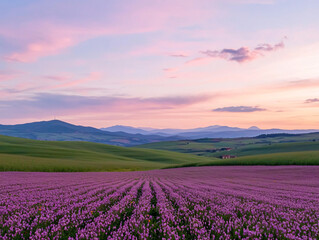Fototapeta premium vibrant flower field with rolling hills and colorful sunset sky creates serene landscape. purple flowers contrast beautifully with green hills and soft clouds