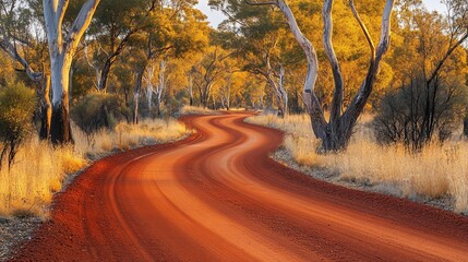 Fototapeta premium Winding dirt road through golden trees, dry landscape.