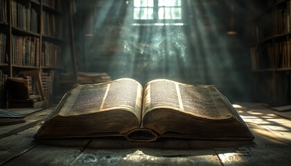 Enlightened words in a vintage open book on a wooden table in a library, bathed in soft natural light, creating a warm, scholarly atmosphere