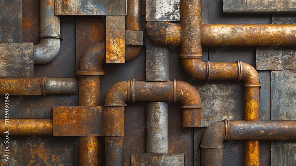 Poster Industrial background with rusty metal pipes and panels creating textured pattern