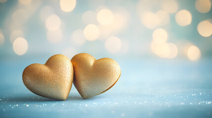 Fototapeta premium Two golden hearts resting on soft pastel background, evoking warmth and love