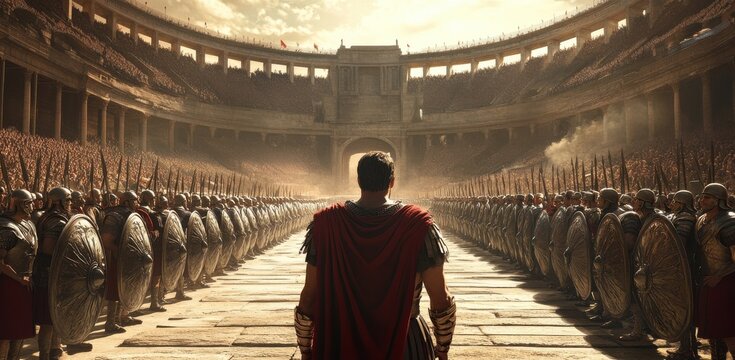 Gladiators stand ready as the sun sets over the ancient arena filled with a roaring crowd and palpable anticipation
