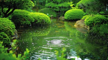 quiet pond surrounded by greenery with raindrops creating tiny ripples on surface