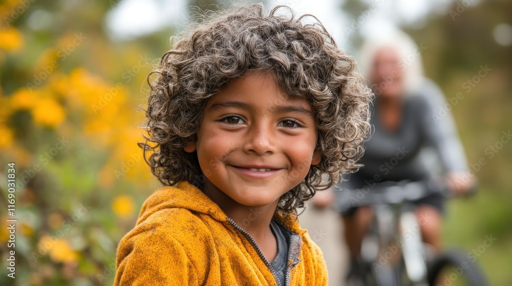 Poster smiling child in a natural setting with flowers.