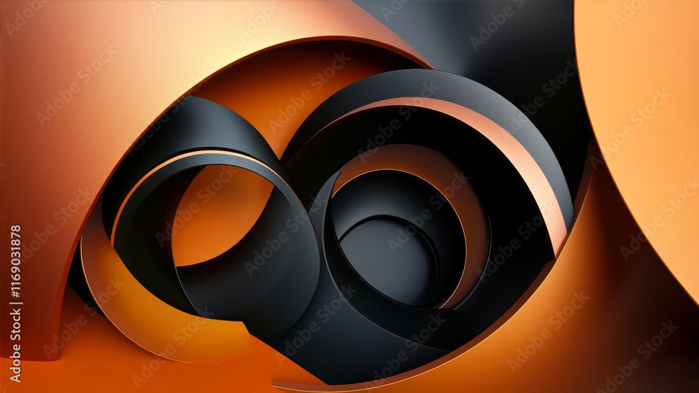 Poster curved abstract shapes intertwine in a mesmerizing gradient of warm oranges and deep blacks
