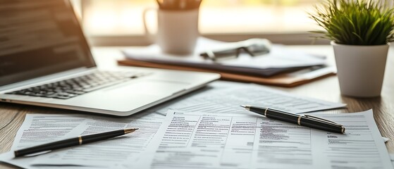 House model, laptop, pen, and tax forms on a desk, illustrating real estate finance, tax preparation, and the integration of technology in the digital finance era
