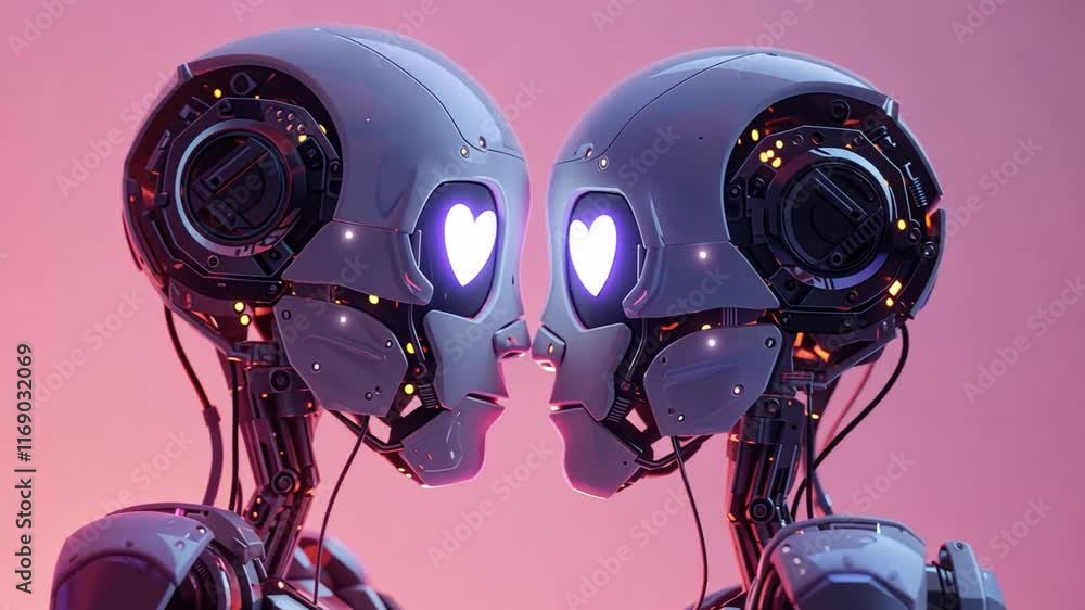 Poster two advanced robots face each other, their eyes illuminated with heart shapes, symbolizing love and 