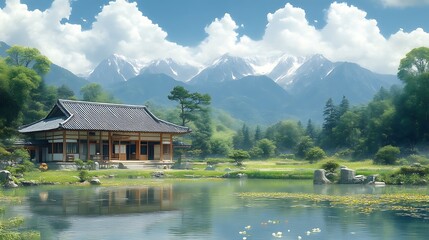 Obraz premium Serene Japanese House Beside Mountain Lake