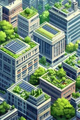 A high-resolution aerial view of a modern sustainable city with abundant green spaces. Features include rooftop gardens, solar panels on buildings, and clean streets.