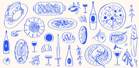 Hand Drawn Foods Doodle Mediterranean Matisse Italian Food and Drink, Summer Tropical and Sea Food Line Drawing Isolated Vector