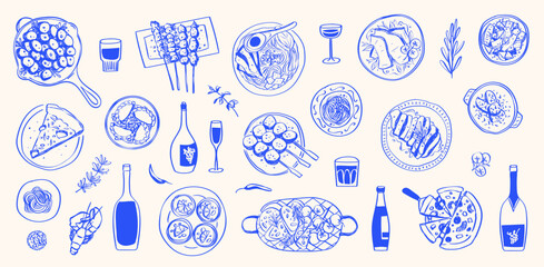 Hand Drawn Foods Doodle Mediterranean Matisse Italian Food and Drink, Summer Tropical and Sea Food Line Drawing Isolated Vector