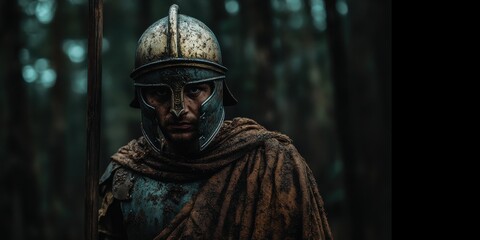 Naklejka premium Intrepid warrior in ancient armor stands resolute among shadows of a misty forest in twilight