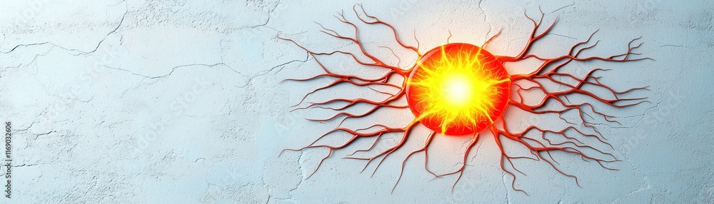 Poster a vibrant sun surrounded by intricate, branch-like patterns, creating a striking visual contrast aga
