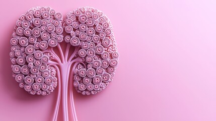 A creative representation of a pair of lungs made from pink flowers against a pastel background, symbolizing health and beauty.