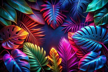 Neon Tropical Leaves Silhouette, Black Background, Copy Space - Exotic Foliage Stock Photo