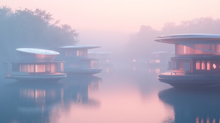 Fototapeta premium Futuristic Indian Houseboat Community with Solar Sails and Eco-Friendly Materials in Early Morning Mist - Ultra-Detailed Cinematic Image