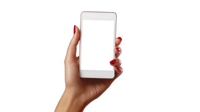 Hand holding white smartphone with blank screen, ideal mockup for app and website design