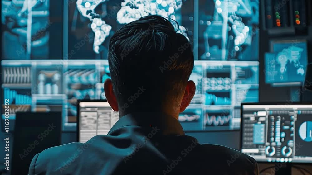 Poster A professional monitors multiple screens displaying complex data and analytics in a high-tech control room.
