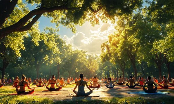 Group of people meditating in a sunlit forest clearing.
