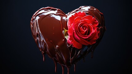 A glossy chocolate heart dripping with vibrant red rose essence, shot against a deep black background, [luxurious treat], [bold contrast] 