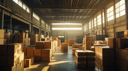Spacious warehouse filled with stacked cartons and organized storage for logistics, factory operations, and industrial background.