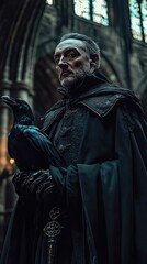 Naklejka premium An elderly man in dark robes holds a raven