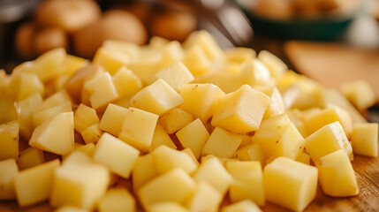 Close-up of diced potatoes on a wooden board, ready for cooking preparation