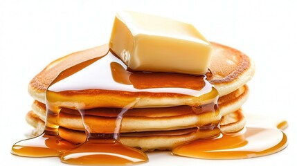 A stack of fluffy pancakes topped with syrup and a pat of butter on a white background