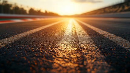 Sunset view of racetrack with white lines and bright sun.