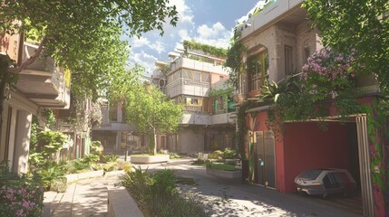 Obraz premium Dawn in a Color-Coded Futuristic Indian Neighborhood - Ultra-Detailed Cinematic Rendering of Futuristic India Concept Image