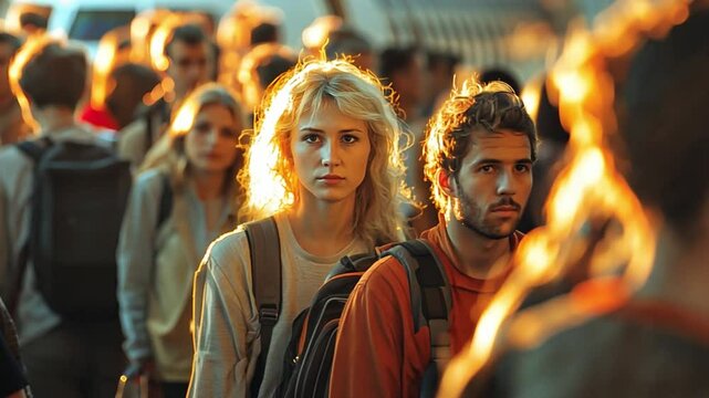 This young woman with blonde hair looks thoughtfully amidst a bustling crowd during sunset.