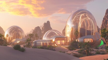 Obraz premium Oasis of Tomorrow: Futuristic Indian Desert with Glowing Spires and Advanced Water Recycling Systems under Sunset Sky | Cinematic Scope Ultra-Detailed Image