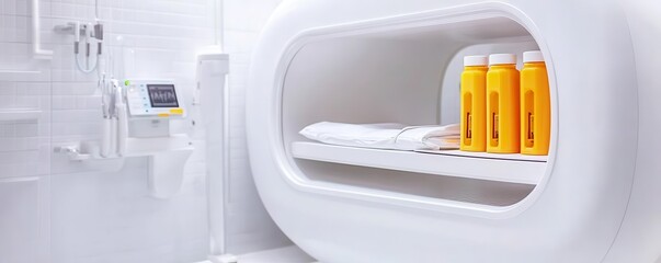 Modern bathroom interior with yellow shampoo bottles and towels.